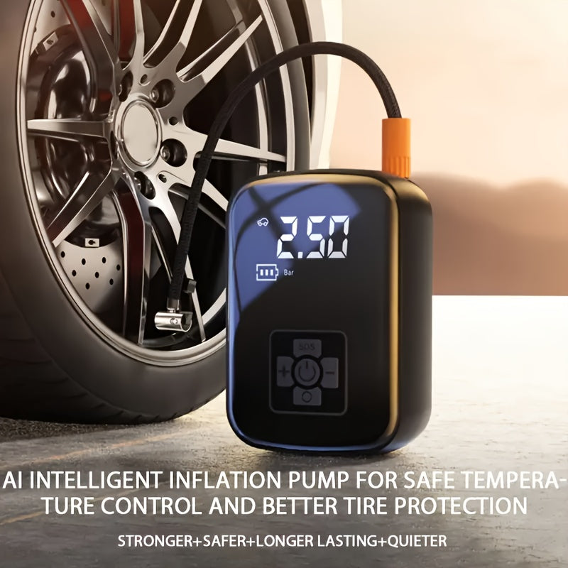 Rechargeable Cordless Tire Pump – Compact Electric Air Compressor with Lithium Battery and Multi-Function Nozzle Adapters for Car, Motorcycle & Bicycle Tires