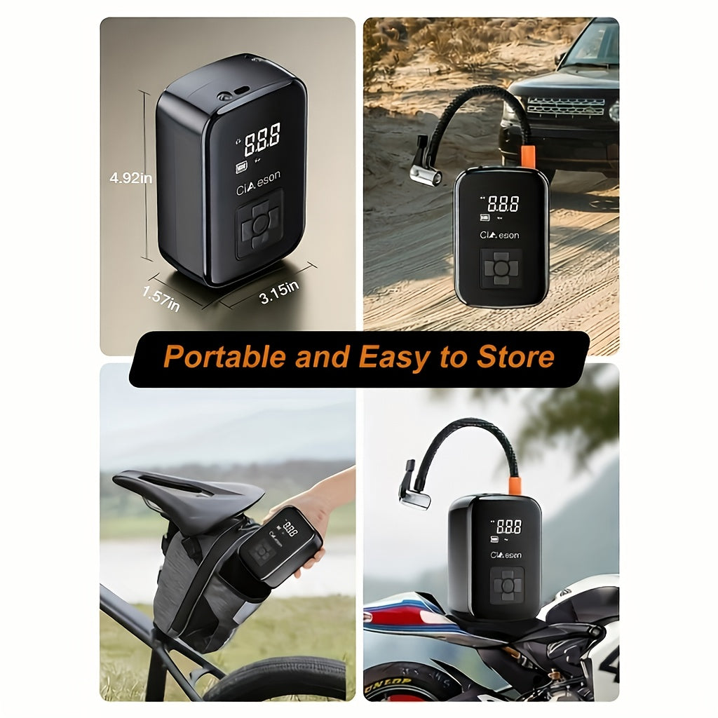 Rechargeable Cordless Tire Pump – Compact Electric Air Compressor with Lithium Battery and Multi-Function Nozzle Adapters for Car, Motorcycle & Bicycle Tires