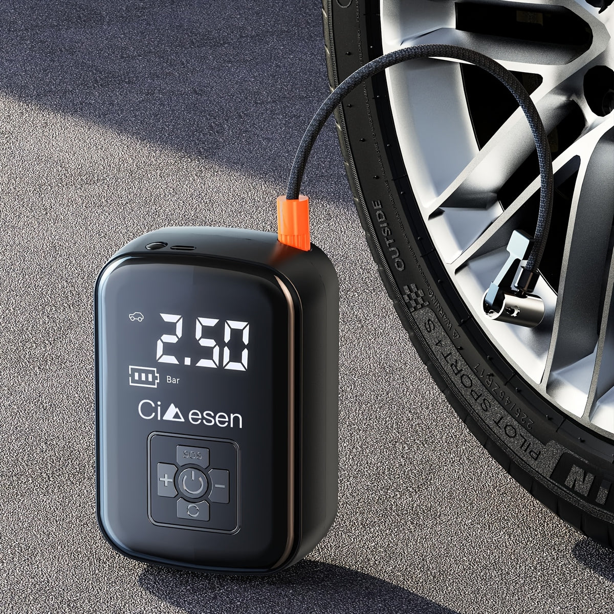 Rechargeable Cordless Tire Pump – Compact Electric Air Compressor with Lithium Battery and Multi-Function Nozzle Adapters for Car, Motorcycle & Bicycle Tires