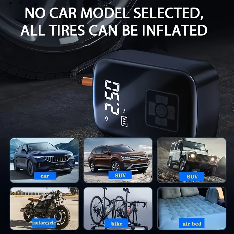 Rechargeable Cordless Tire Pump – Compact Electric Air Compressor with Lithium Battery and Multi-Function Nozzle Adapters for Car, Motorcycle & Bicycle Tires