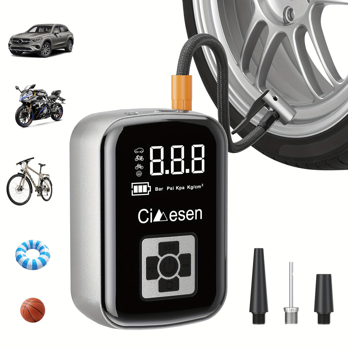 Rechargeable Cordless Tire Pump – Compact Electric Air Compressor with Lithium Battery and Multi-Function Nozzle Adapters for Car, Motorcycle & Bicycle Tires