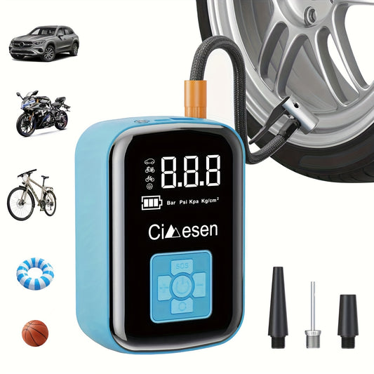 Rechargeable Cordless Tire Pump – Compact Electric Air Compressor with Lithium Battery and Multi-Function Nozzle Adapters for Car, Motorcycle & Bicycle Tires