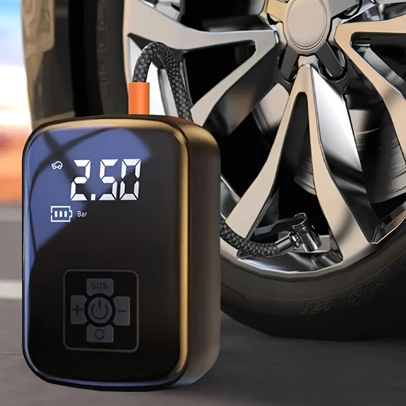 Rechargeable Cordless Tire Pump – Compact Electric Air Compressor with Lithium Battery and Multi-Function Nozzle Adapters for Car, Motorcycle & Bicycle Tires