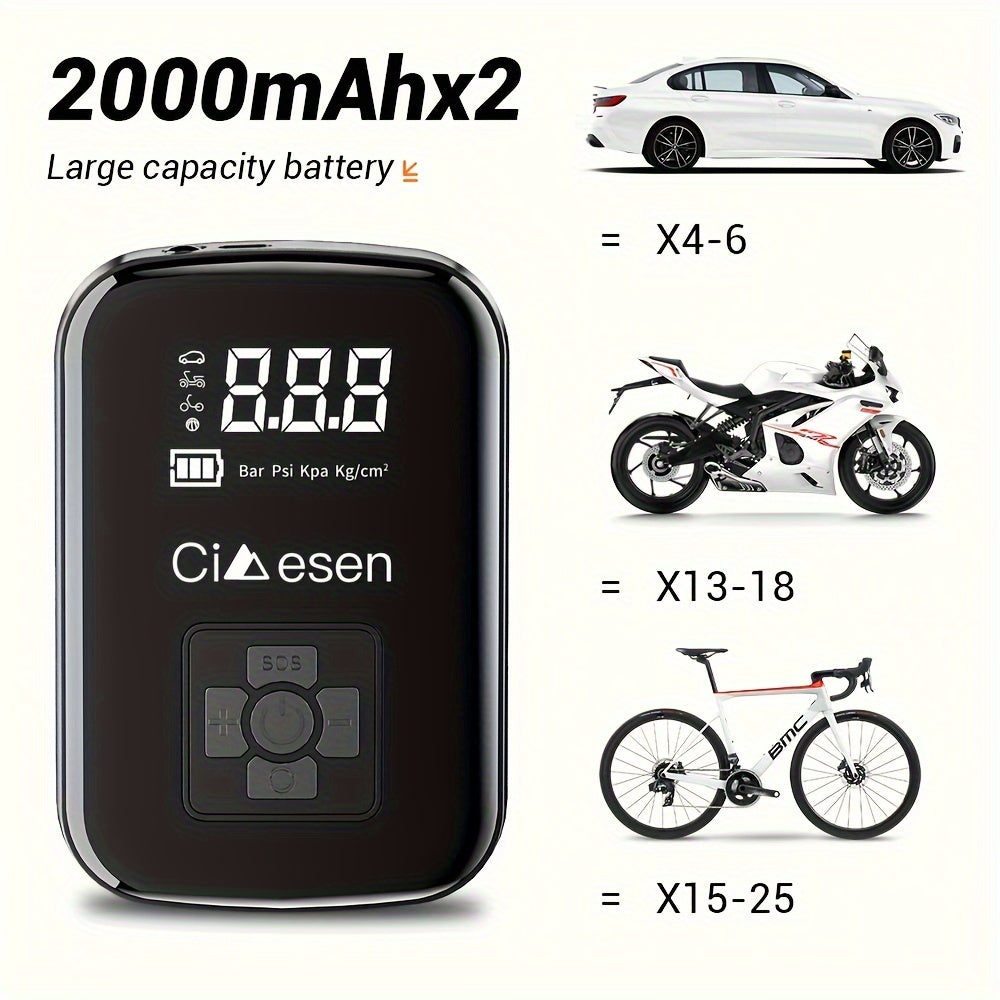Rechargeable Cordless Tire Pump – Compact Electric Air Compressor with Lithium Battery and Multi-Function Nozzle Adapters for Car, Motorcycle & Bicycle Tires