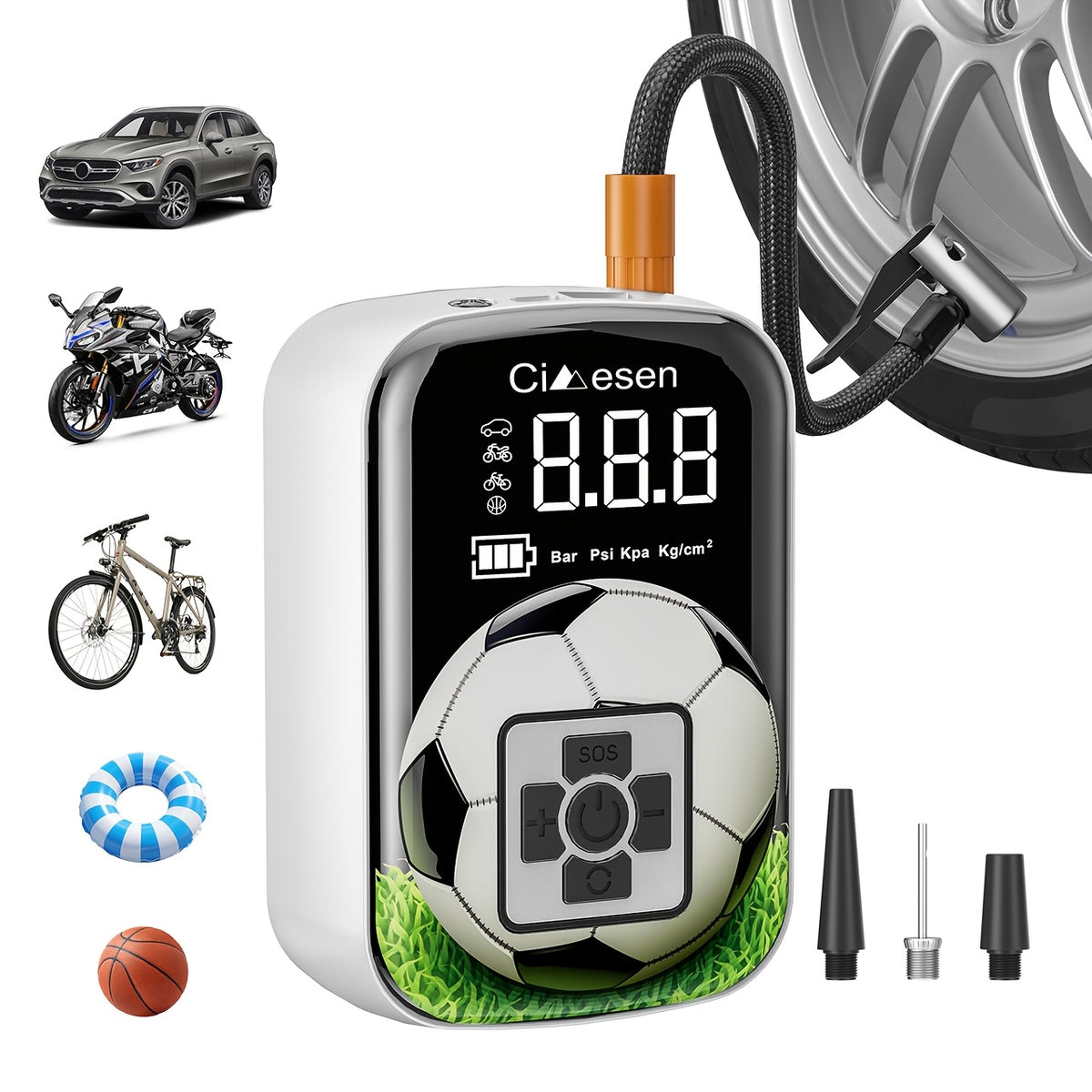 Rechargeable Cordless Tire Pump – Compact Electric Air Compressor with Lithium Battery and Multi-Function Nozzle Adapters for Car, Motorcycle & Bicycle Tires