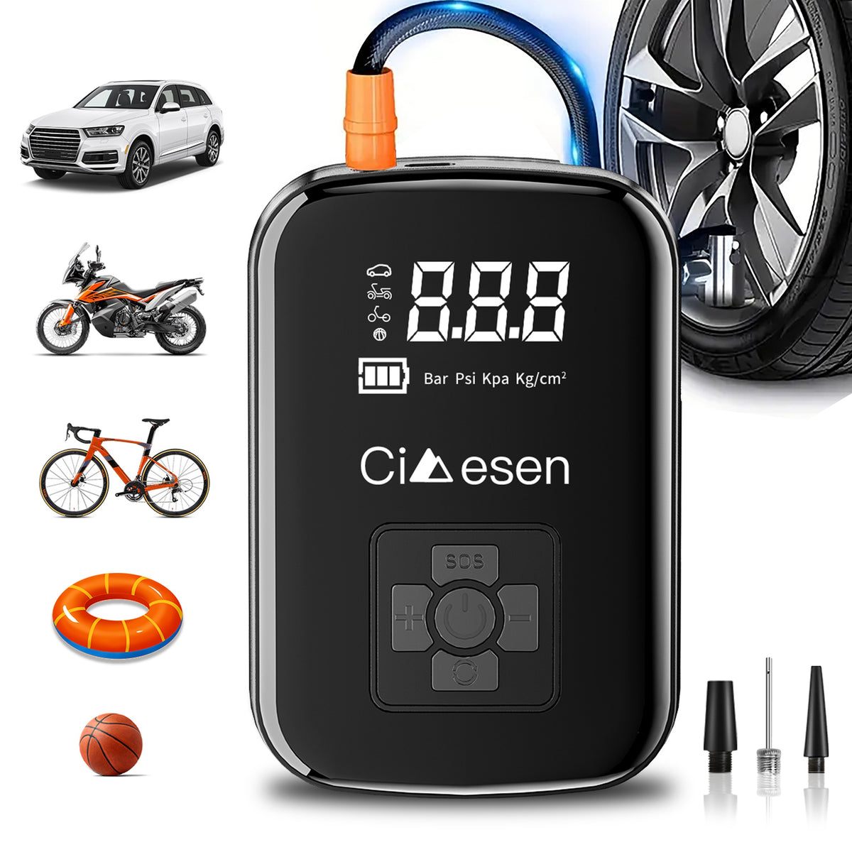 Rechargeable Cordless Tire Pump – Compact Electric Air Compressor with Lithium Battery and Multi-Function Nozzle Adapters for Car, Motorcycle & Bicycle Tires