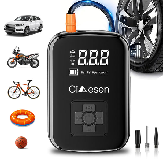 Rechargeable Cordless Tire Pump – Compact Electric Air Compressor with Lithium Battery and Multi-Function Nozzle Adapters for Car, Motorcycle & Bicycle Tires