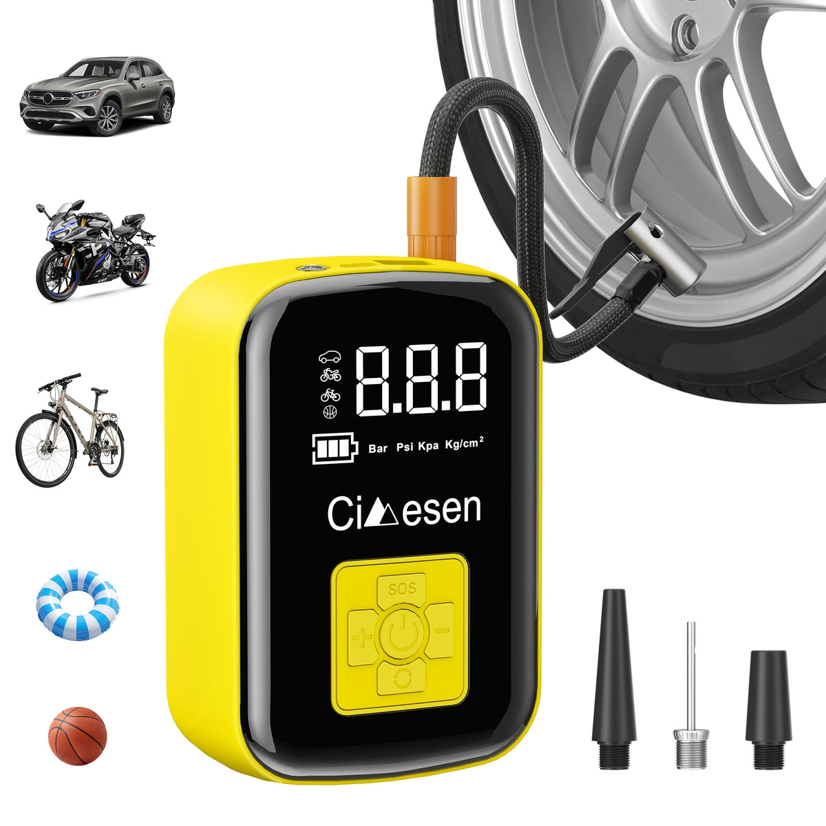 Rechargeable Cordless Tire Pump – Compact Electric Air Compressor with Lithium Battery and Multi-Function Nozzle Adapters for Car, Motorcycle & Bicycle Tires