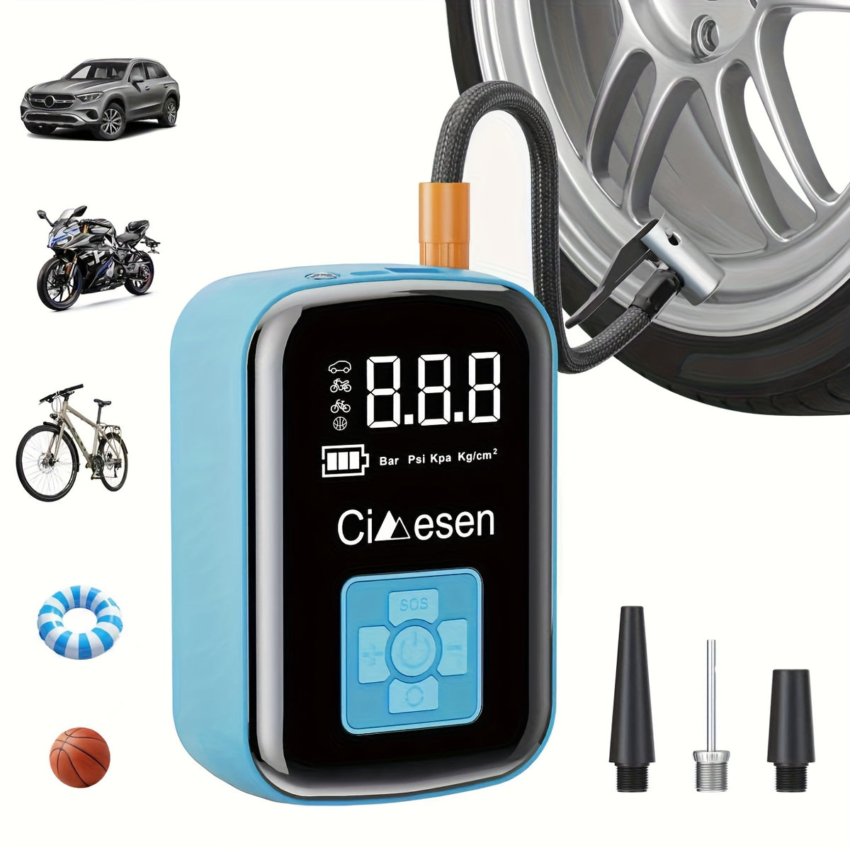 Rechargeable Cordless Tire Pump – Compact Electric Air Compressor with Lithium Battery and Multi-Function Nozzle Adapters for Car, Motorcycle & Bicycle Tires
